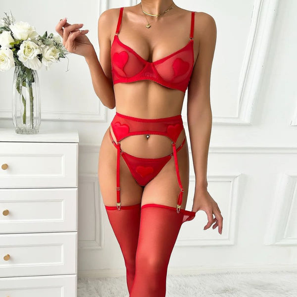 Ensemble porte-jarretelle transparent rouge pas cher