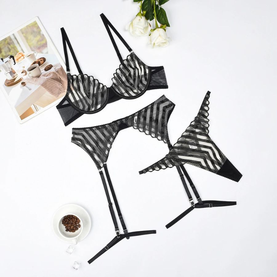 Ensemble porte-jarretelle transparent à raies noires