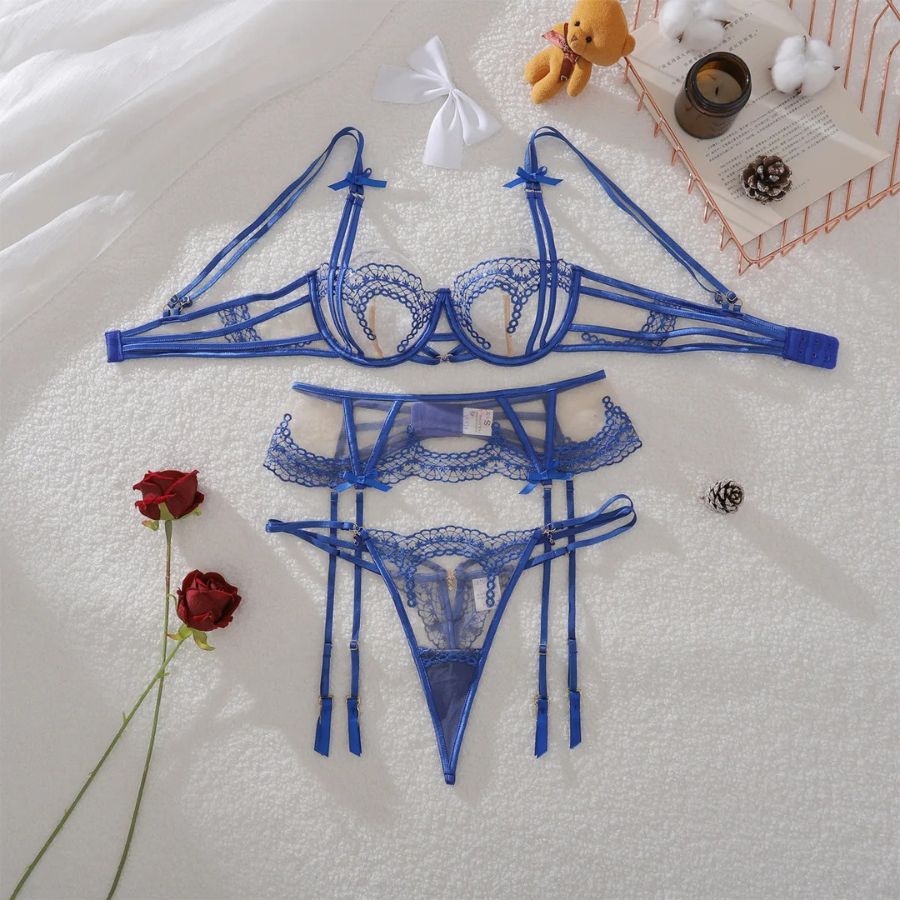 Ensemble porte-jarretelle sexy transparent bleu