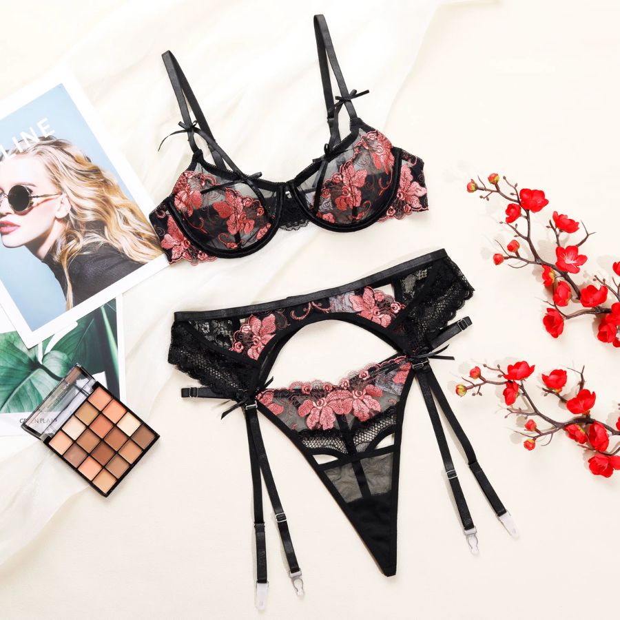 Ensemble porte-jarretelle sexy en dentelle noire et rose