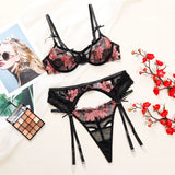 Ensemble porte-jarretelle sexy en dentelle noire et rose
