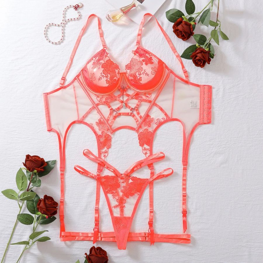 Guêpière porte-jarretelle sexy en dentelle orange