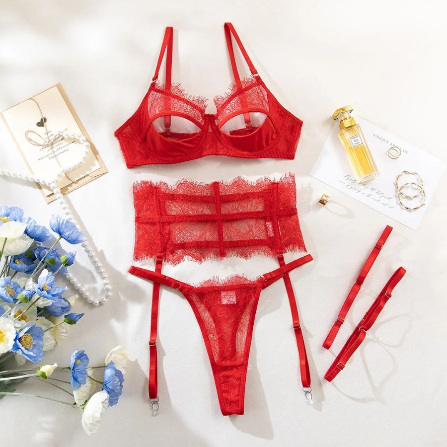 Serre-taille porte-jarretelles en dentelle rouge