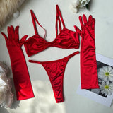Ensemble de lingerie rouge avec gants en satin