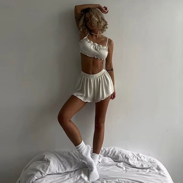 Ensemble 2 pièces sexy en satin blanc