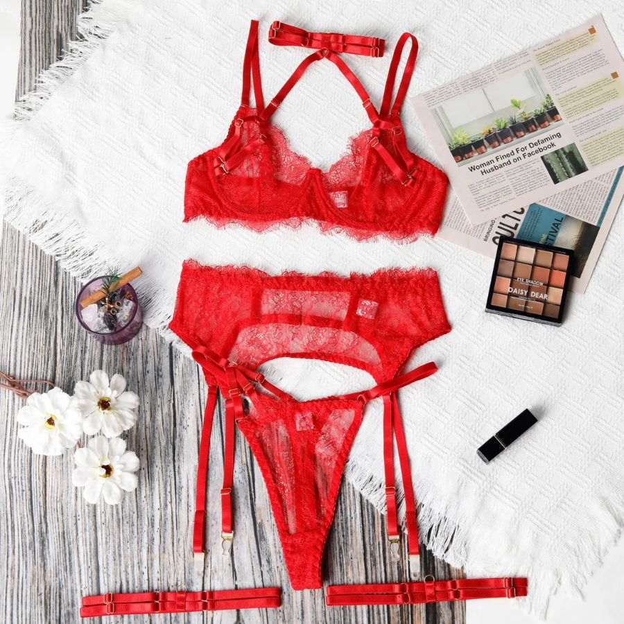 Ensemble porte-jarretelle en dentelle rouge ajustable