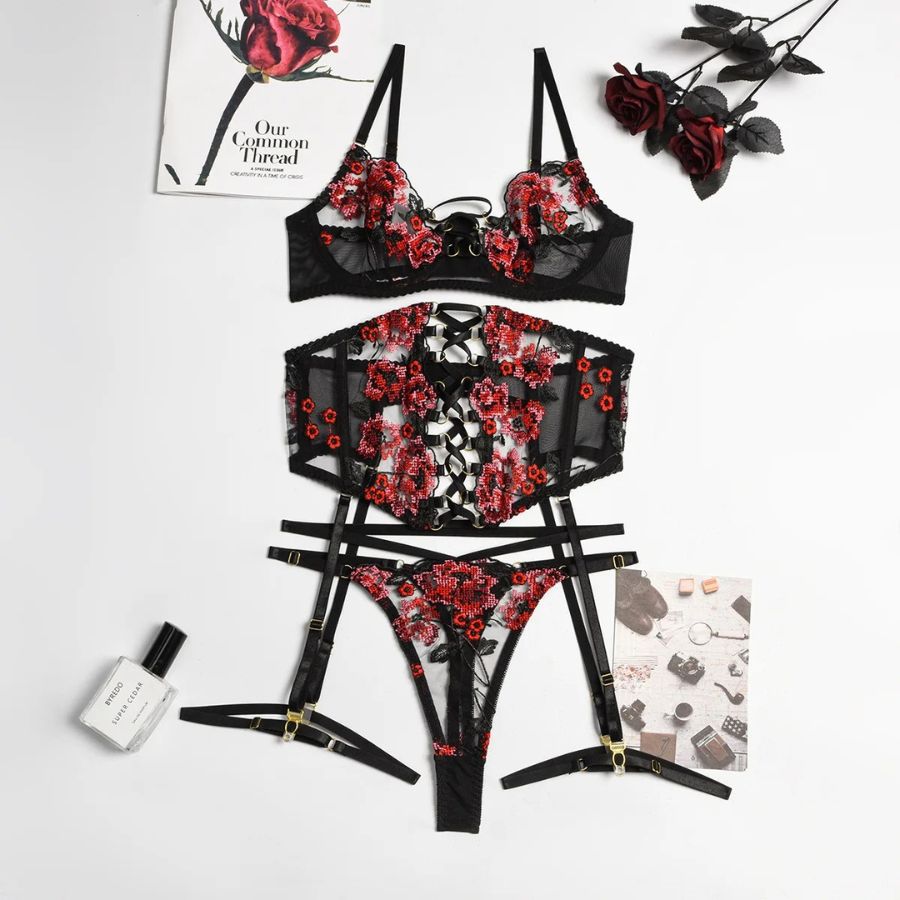 Ensemble porte-jarretelle en dentelle noir hot