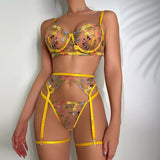 Ensemble porte-jarretelle jaune en dentelle fleurie