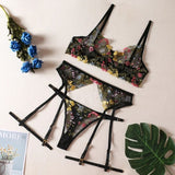 Ensemble porte-jarretelle noir en dentelle fleurie