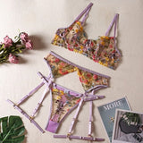 Ensemble porte-jarretelle violet en dentelle fleurie