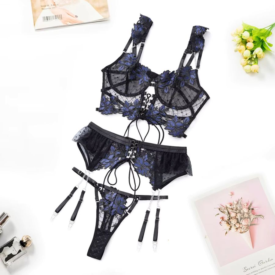 Ensemble bustier porte-jarretelle en dentelle bleu