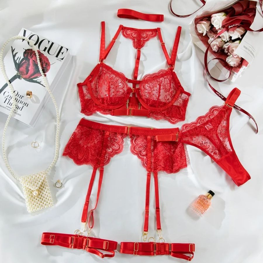 Ensemble porte-jarretelle rouge en dentelle transparent