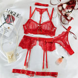 Ensemble porte-jarretelle rouge en dentelle transparent