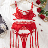 Ensemble porte-jarretelle coquin en dentelle rouge
