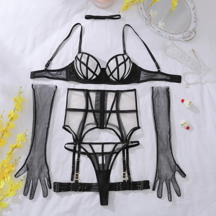 Ensemble porte-jarretelle transparent noir avec gants