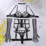 Ensemble porte-jarretelle transparent noir avec gants