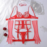Ensemble porte-jarretelle transparent rouge avec gants