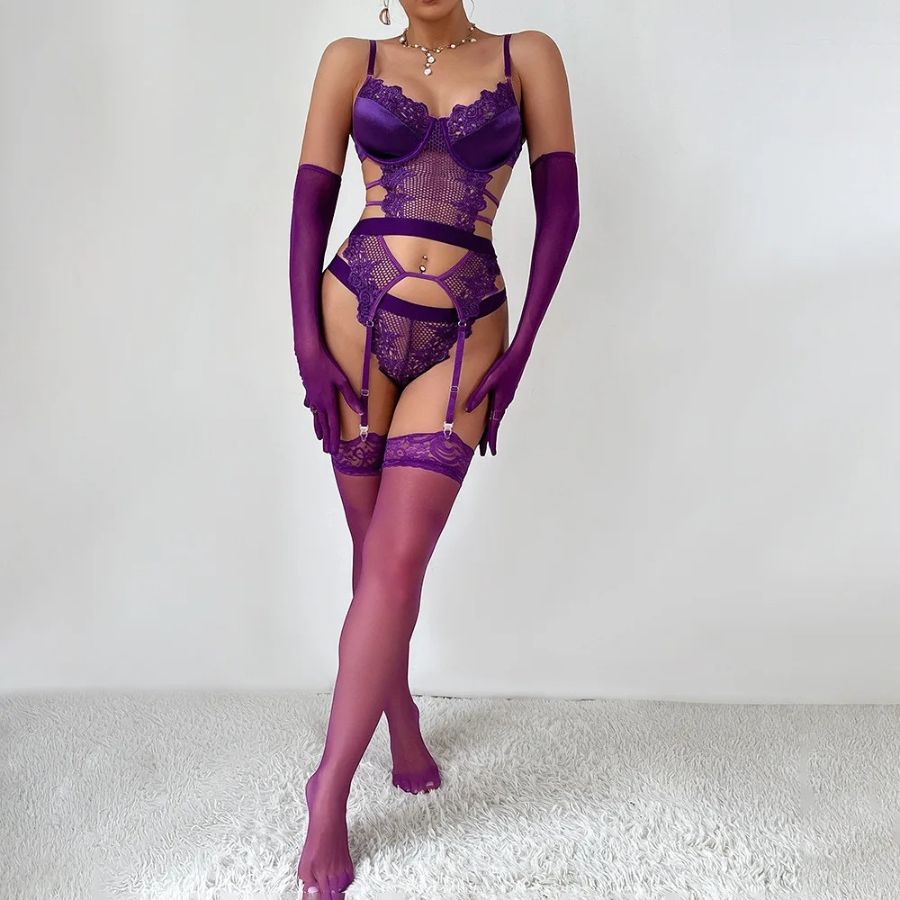 Guêpière porte-jarretelle en dentelle violette