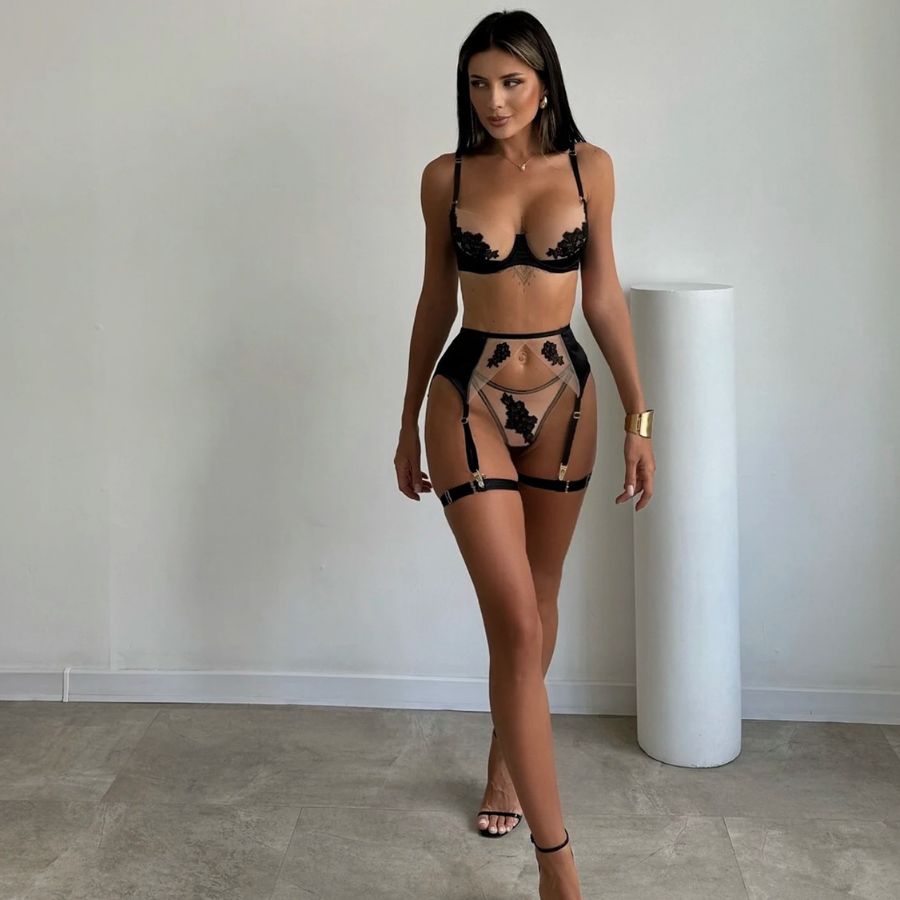 Ensemble porte-jarretelle noir transparent chic