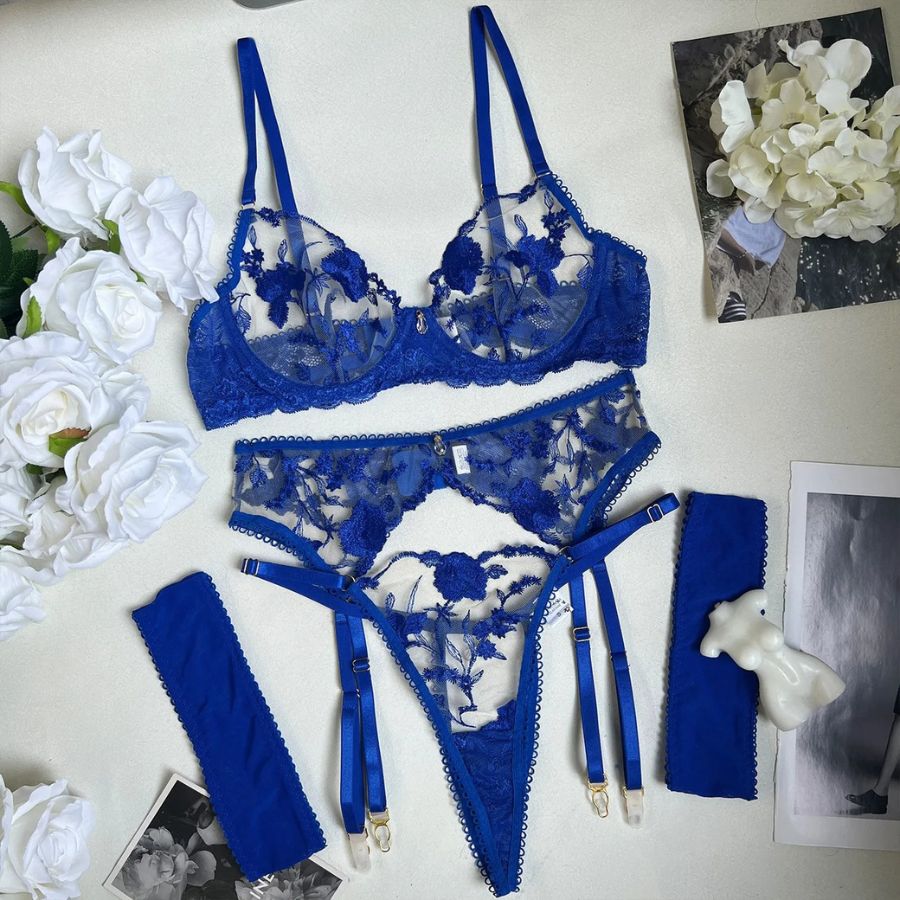 Ensemble de lingerie porte-jarretelle en dentelle bleu