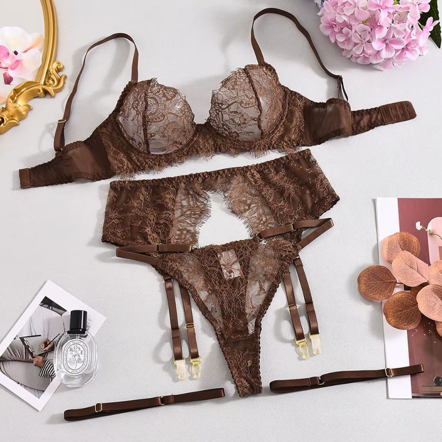 Ensemble porte-jarretelle en dentelle marron sexy