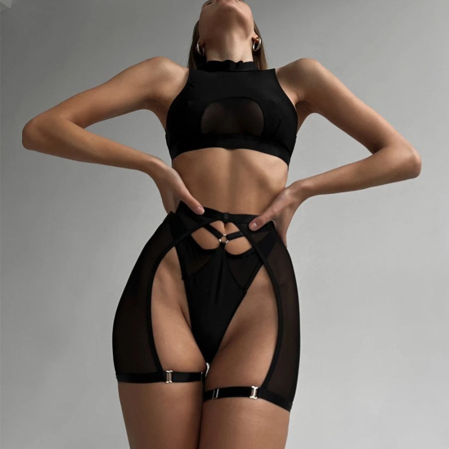 Ensemble porte-jarretelles en tulle noir transparent