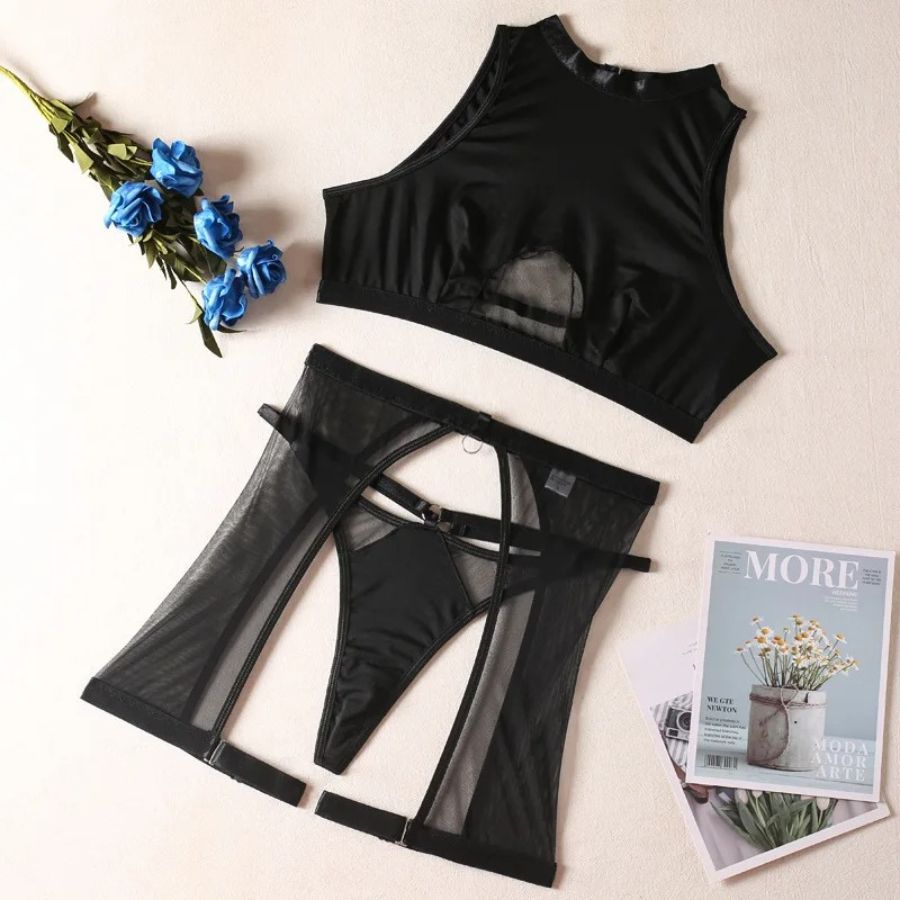 Ensemble porte-jarretelles en tulle noir transparent