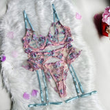 Ensemble porte-jarretelle rose en dentelle pas cher