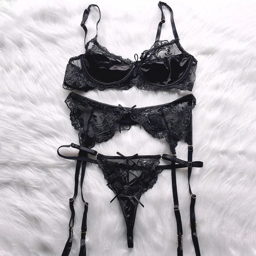Ensemble porte-jarretelle en satin noir sexy