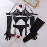 Ensemble porte-jarretelle en dentelle noire avec gants