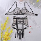 Ensemble porte-jarretelle en dentelle transparente noire