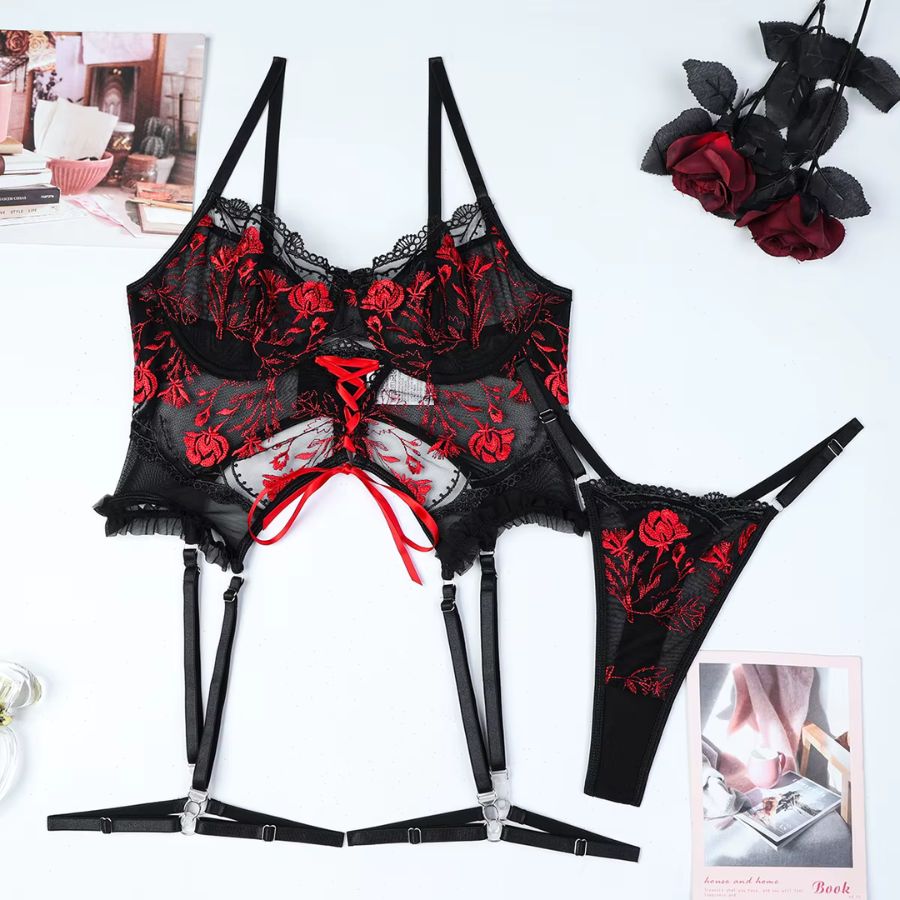 Ensemble guêpière porte-jarretelle en dentelle noire et rouge