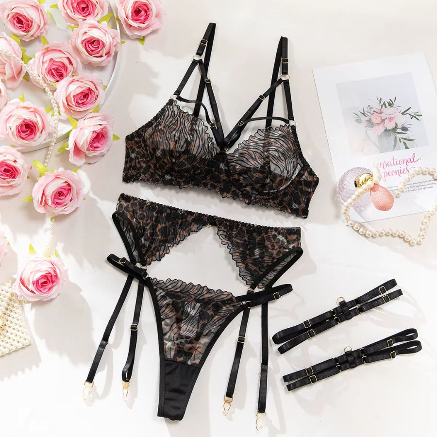 Ensemble porte-jarretelle transparent léopard sexy