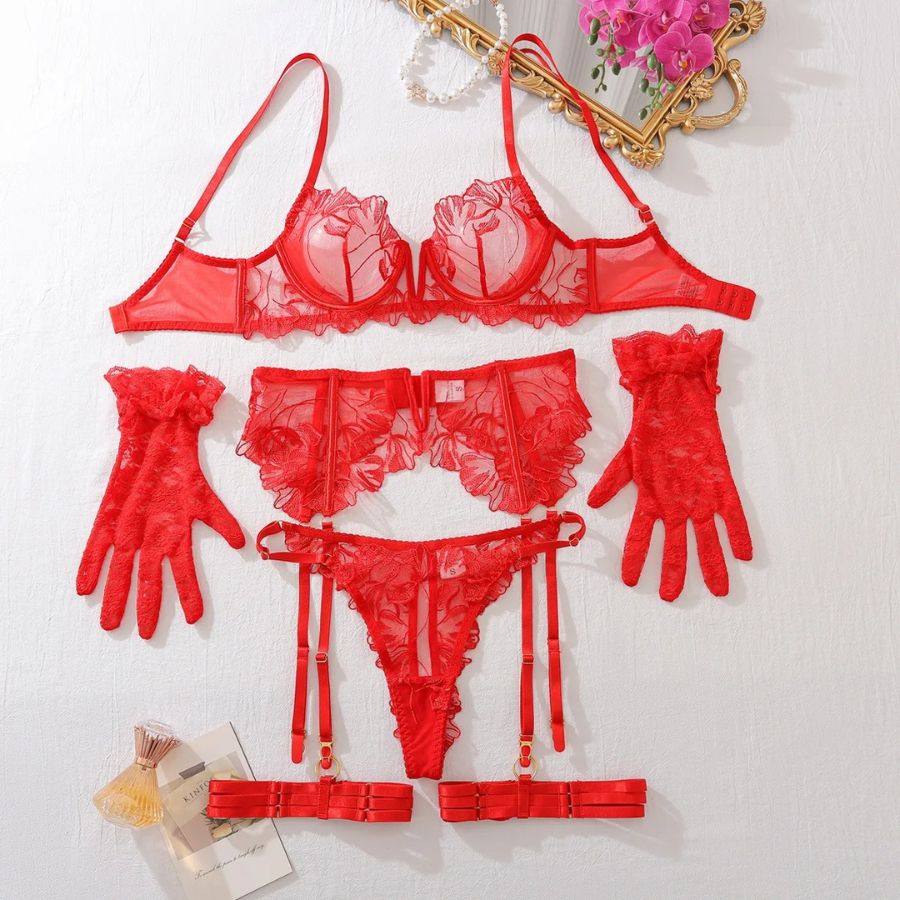Ensemble de lingerie ouvert en dentelle rouge