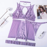 Ensemble de lingerie jupe violet transparent et satin