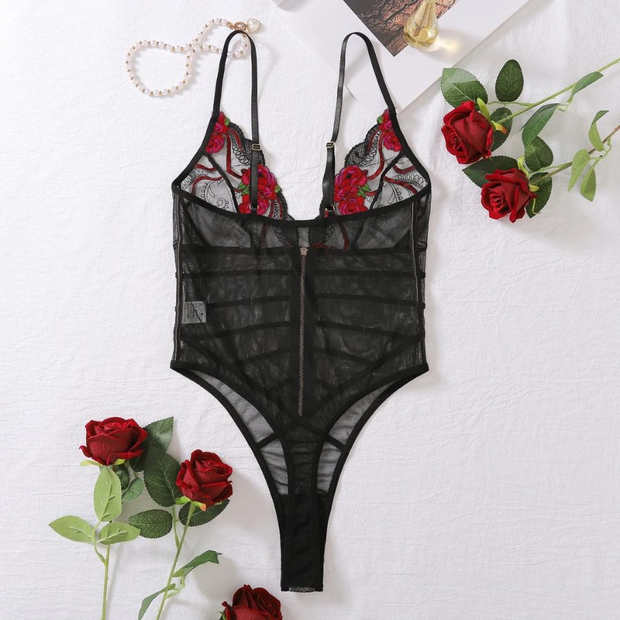 Body sexy transparent noir en dentelle