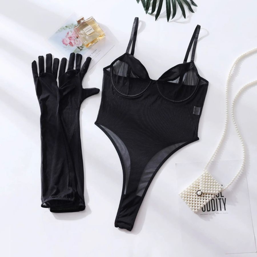 Body sexy transparent noir avec gants