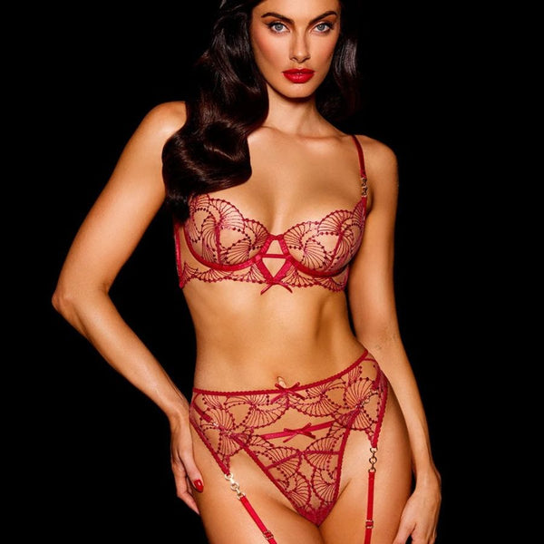 Ensemble porte-jarretelle chic en dentelle rouge