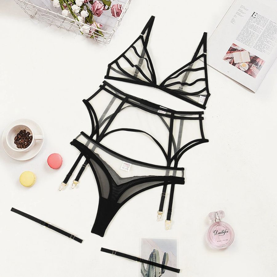 Ensemble porte-jarretelle transparent noir pas cher