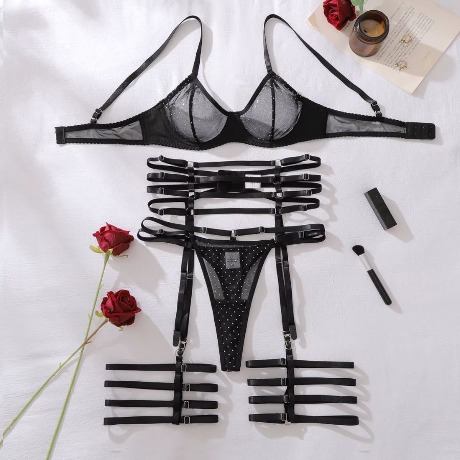 Ensemble porte-jarretelle transparent noir à strass