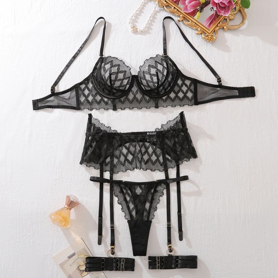 Ensemble porte-jarretelle en dentelle noir confortable
