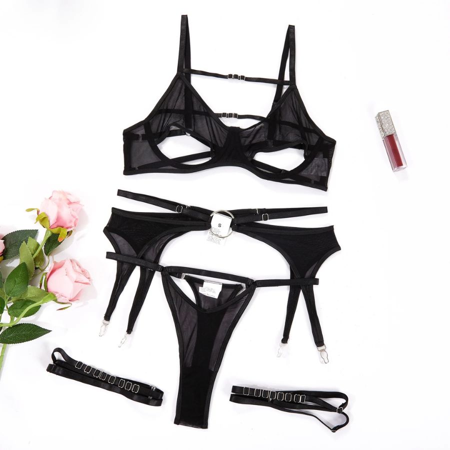 Ensemble porte-jarretelle transparent noir sexy
