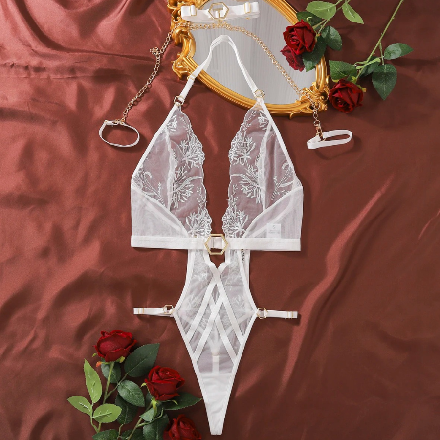 Body sexy transparent blanc en dentelle
