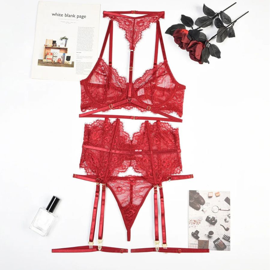 Porte-jarretelle en dentelle rouge haut de gamme