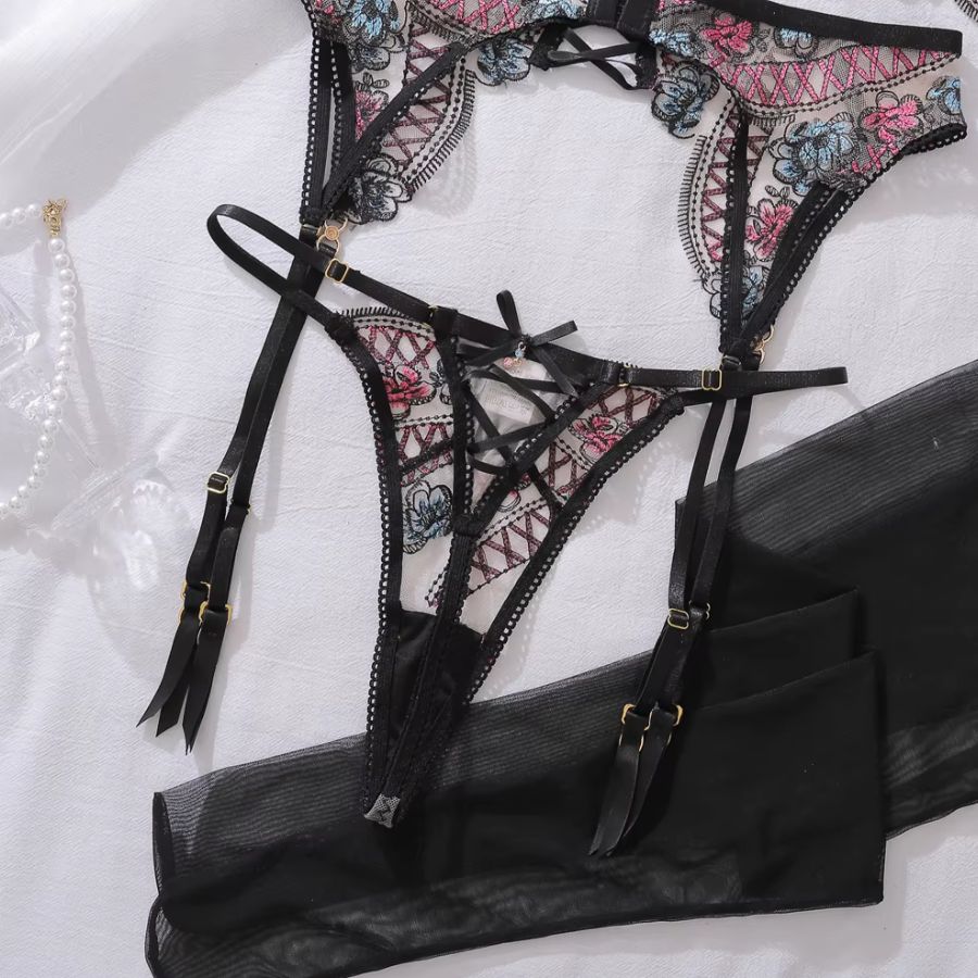 Porte-jarretelle en dentelle noire, rose et bleue