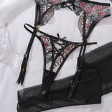 Porte-jarretelle en dentelle noire, rose et bleue