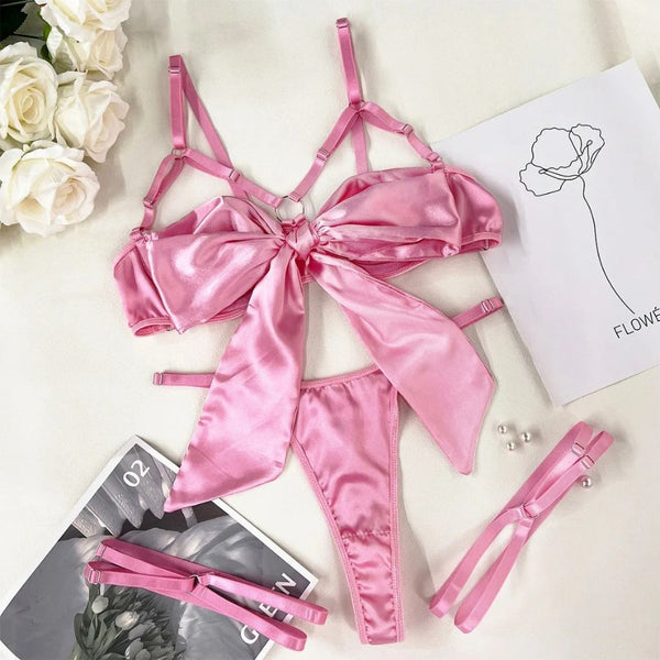 Ensemble de lingerie avec nœud détachable en satin