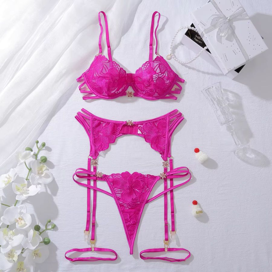 Ensemble porte-jarretelle rose en dentelle confortable