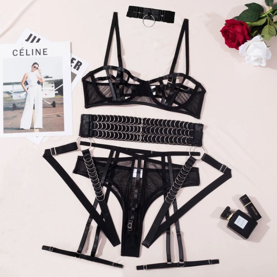 Ensemble porte-jarretelle BDSM noir transparent