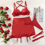 Ensemble de lingerie jupe en satin et dentelle rouge